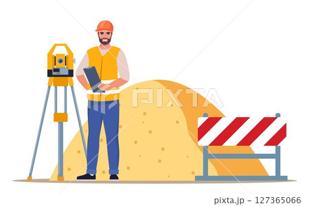 Surveyor engineers with equipment, theodolite or total positioning station. Building work process with construction machines. Vector illustration. 127365066
