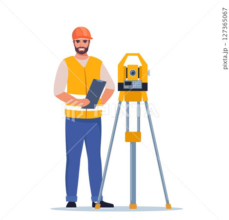 Surveyor Or Engineer Wearing Hard Hat and Safety Vest, Work with Surveying Tripod And Theodolite Equipment. Character Surveying Land, Construction Layout And Mapping Projects. Vector Illustration 127365067