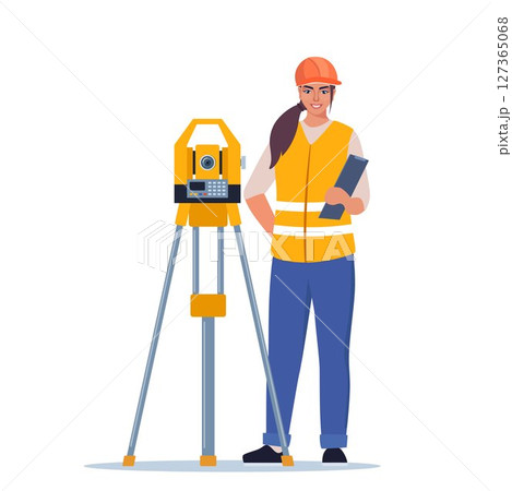 Surveyor Or Engineer Wearing Hard Hat and Safety Vest, Work with Surveying Tripod And Theodolite Equipment. Character Surveying Land, Construction Layout And Mapping Projects. Vector Illustration 127365068