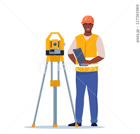 Surveyor Or Engineer Wearing Hard Hat and Safety Vest, Work with Surveying Tripod And Theodolite Equipment. Character Surveying Land, Construction Layout And Mapping Projects. Vector Illustration 127365069