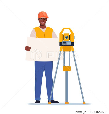 Surveyor Or Engineer Wearing Hard Hat and Safety Vest, Work with Surveying Tripod And Theodolite Equipment. Character Surveying Land, Construction Layout And Mapping Projects. Vector Illustration 127365070