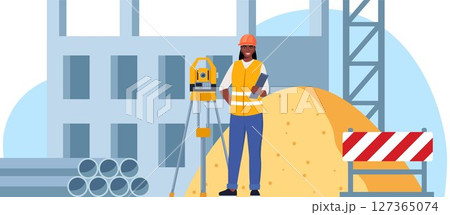 Construction site. Building work process with houses and construction machines. Surveyor engineers with equipment, theodolite or total positioning station. Vector illustration. 127365074
