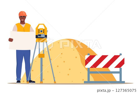 Surveyor engineers with equipment, theodolite or total positioning station. Building work process with construction machines. Vector illustration. 127365075