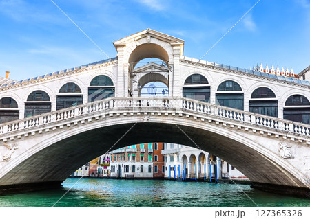 View of amazing Rialto Bridge in Venice, Italy. Close up of Rialto Bridge on the Grand Canal in Venice, Italy, Europe. 127365326