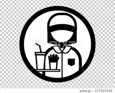 ポテトとジュースを持つファーストフード店員の丸いシンプルなモノクロイラストアイコン ポテトとジュースを持つファーストフード店員の丸いシンプルなモノクロイラストアイコン 127365348