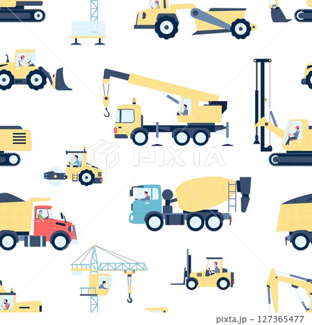 Special vehicle seamless pattern. Construction trucks and crane, concrete mixer and asphalt paver. Childish elements print, vector background Special vehicle seamless pattern. Construction trucks and crane, concrete mixer and asphalt paver. Childish elements print, vector background 127365477
