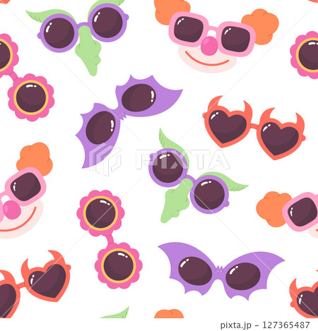 Party eyeglasses seamless pattern. Bright eyewear for festivals and carnivals. Masquerade accessories, children design. Print for textile, wrapping, racy vector background 127365487