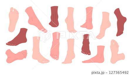 Human feet set. Naked foot in different positions, male female legs poses. Healthy leg and skin, isolated body parts, anatomy elements racy vector clipart Human feet set. Naked foot in different positions, male female legs poses. Healthy leg and skin, isolated body parts, anatomy elements racy vector clipart 127365492