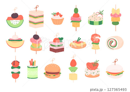 Finger food set. Canape on wooden sticks, buffet banquet appetizers. Mini snacks for party with shrimp bread cheese vegetables, racy vector clipart 127365493