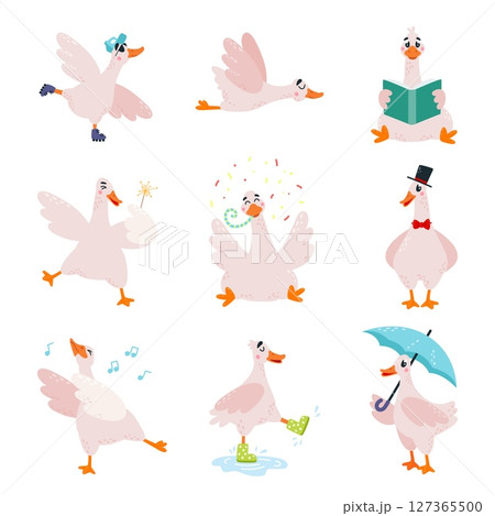 Funny goose. Cute geese in different poses, farm bird read book, flying, dancing, walking on puddles in rubber boots. Children mascots, classy vector characters Funny goose. Cute geese in different poses, farm bird read book, flying, dancing, walking on puddles in rubber boots. Children mascots, classy vector characters 127365500