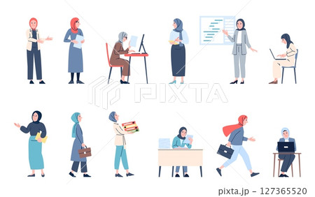 Saudi female business characters. Arab women office employes. Woman in hijab show on presentation desk, hold documents, work on laptop, recent vector set 127365520