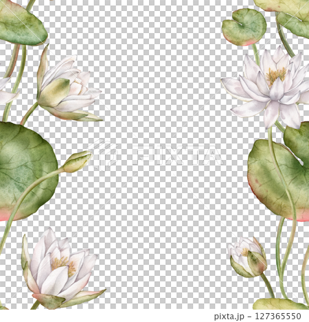Seamless vertical frame with watercolor white water lilies and green leaves. Hand-drawn illustration on white background. Elegant floral design for textiles, wrapping paper, or borders. Seamless vertical frame with watercolor white water lilies and green leaves. Hand-drawn illustration on white background. Elegant floral design for textiles, wrapping paper, or borders. 127365550