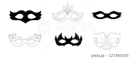 Mask vintage silhouette carnival masque, face mystery costume for ball, party or masquerade. Set simple costume. 127365585