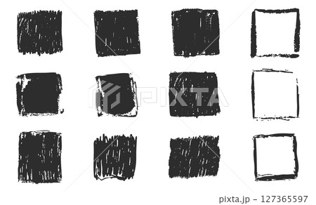 Grunge ink rectangle and square paint border with rough edges. Text box, sketch dirty line, splash. Scribble frame cadre textured  127365597