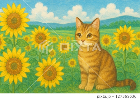 ひまわり畑にいる猫のイラスト素材 [127365636] - PIXTA
