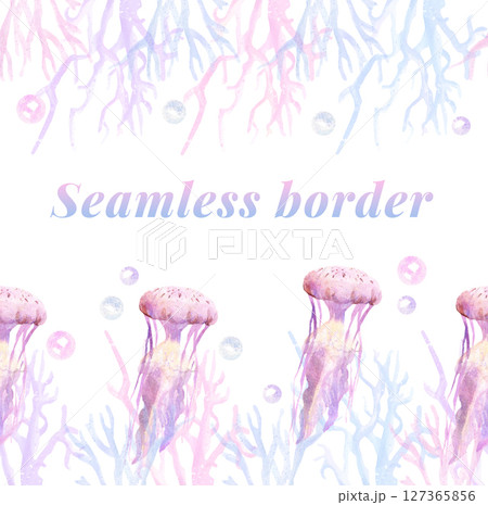 Seamless border of lilac and pink corals and jellyfish Seamless border of lilac and pink corals and jellyfish 127365856