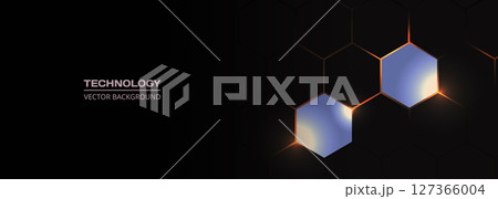 Hexagon technology blue and orange colored honeycomb on black wide abstract background. 127366004