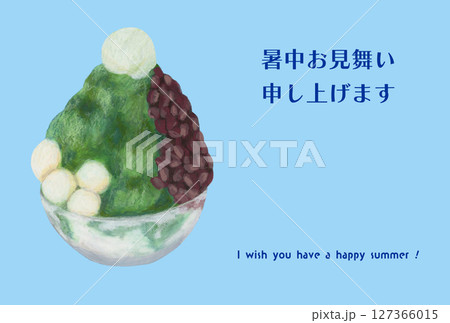 オイルパステルで描いた、白玉団子と小豆とアイスクリームの抹茶かき氷のイラストレーションの夏の挨拶状 オイルパステルで描いた、白玉団子と小豆とアイスクリームの抹茶かき氷のイラストレーションの夏の挨拶状 127366015