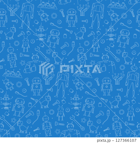 Seamless Doodle Pattern with Robots, Tools, and Microchips STEM and Engineering Theme 127366107