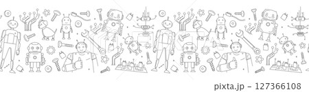 Seamless Doodle Pattern with Robots, Tools, and Microchips STEM and Engineering Theme 127366108