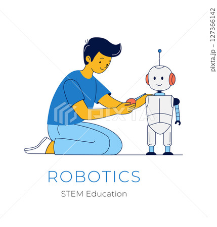 Boy Fixing Humanoid Robot STEM Robotics Project 127366142