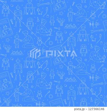 STEM Education Seamless Pattern with Kids and Robots Line Art Vector 127366146