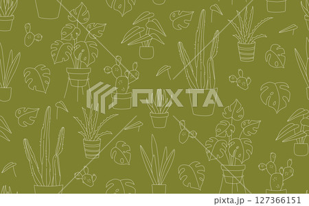 Seamless Doodle Pattern of Houseplants in Pots Line Art Monstera, Cactus, Aloe 127366151