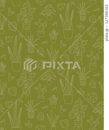 Seamless Doodle Pattern of Houseplants in Pots Line Art Monstera, Cactus, Aloe 127366162