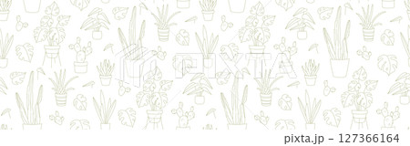 Seamless Doodle Pattern of Houseplants in Pots Line Art Monstera, Cactus, Aloe Seamless Doodle Pattern of Houseplants in Pots Line Art Monstera, Cactus, Aloe 127366164