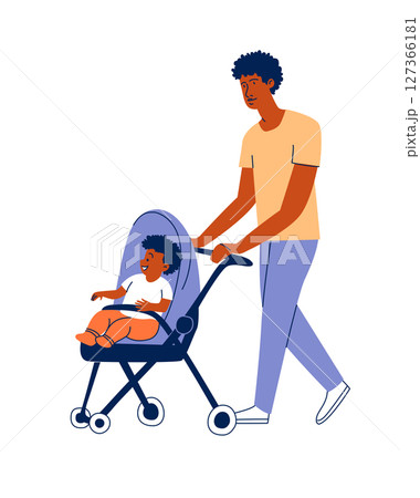 Father Walking with Toddler in Stroller Flat Vector Illustration 127366181