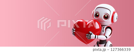 Cute Robot Hugs a Red Heart on Pink Background with Copy Space - Generative Ai 127366339