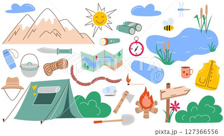 Hiking equipment and items set for hiking