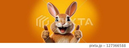 Happy Rabbit Cartoon Character Showing Thumbs Up on Yellow Background - Generative Ai 127366588