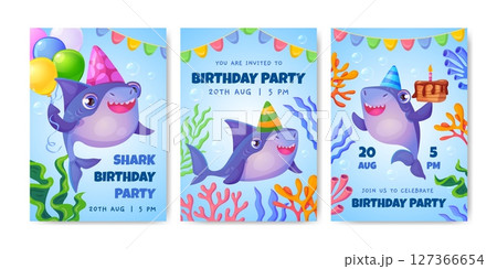 Shark party. Baby shark birthday invitation cards cartoon cute sharks family characters kids underwater sea fish seabed animal children invite design, swanky vector illustration 127366654