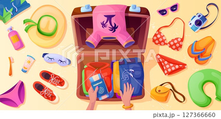 Suitcases clothes packing. Travel bag pack top view, tourist hands prepare essentials in suitcase summer vacation trip journey passport shoes, cartoon swanky vector illustration 127366660