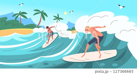 Professional surfer on wave. Man on surf board ride ocean wave, sea surfing water surfboard sport activity summer vacation beach palms cartoon landscape, classy vector illustration 127366665
