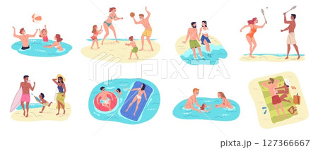 Family beach activities. People summertime scenes, couple children rest summer vacation kid swim sea play on sand sitting picnic, tourist ocean travel classy vector illustration 127366667