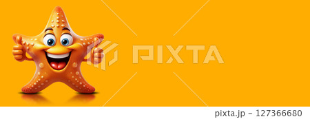 Happy Starfish Cartoon Character Showing Thumbs Up Isolated on Yellow Background - Generative Ai 127366680