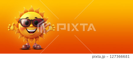 Happy Sun Wearing Sunglasses on Yellow-Orange Background with Copy Space - Generative Ai 127366681