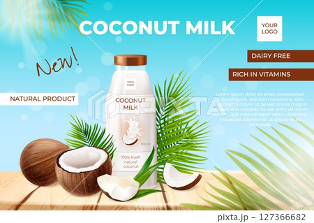 Coconut milk poster. Vegan coco dairy product ad banner template, tropical nut fruit oil milkshake with palm leaves natural food advertising background, exact vector illustration 127366682