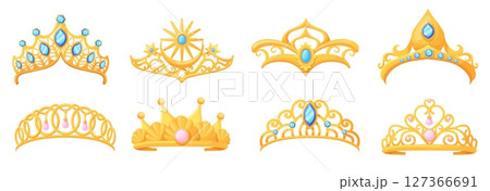 Cartoon tiara. Princess gold diadem with diamond, queen golden crown royal girl tiaras female jewelry wedding accessory royalty corona gem, diadems set neat vector illustration 127366691