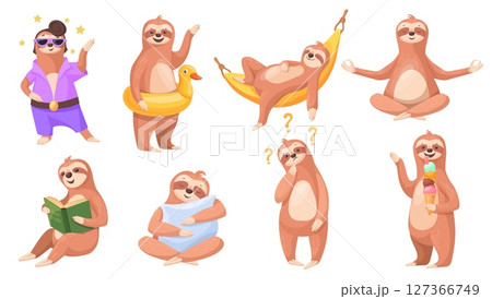 Lazy sloths characters. Cartoon sloth funny cute mascot poses, relax sleep on hammock tropical jungle tree sleepy baby with book elvis presley character, neat vector illustration Lazy sloths characters. Cartoon sloth funny cute mascot poses, relax sleep on hammock tropical jungle tree sleepy baby with book elvis presley character, neat vector illustration 127366749