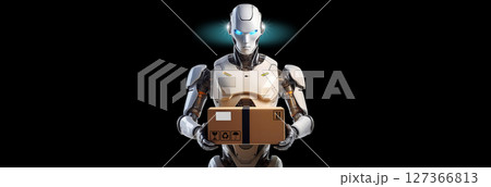 Humanoid Robot Delivers a Package Isolated on Black Background - Generative Ai 127366813