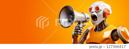 Humanoid Robot Shouting Into a Megaphone on a Yellow Background with Copy Space - Generative Ai 127366817