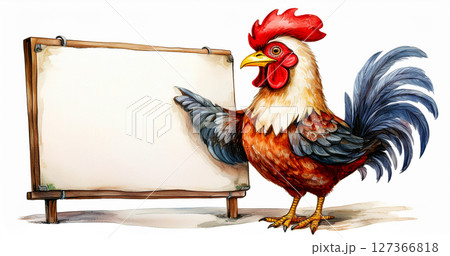 Illustration of a Chicken with Blank Whiteboard Pointing Empty Space for Text - Generative Ai 127366818