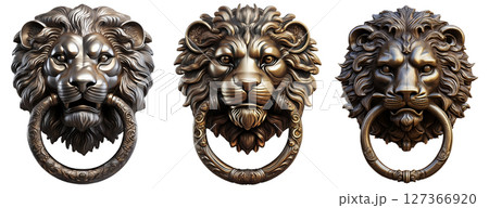Lion Head Door Metal Knocker Isolated on White Background - Generative Ai 127366920