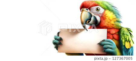 Multi-Colored Cute Parrot Holding a Blank Sign With Copy Space - Generative Ai Multi-Colored Cute Parrot Holding a Blank Sign With Copy Space - Generative Ai 127367005