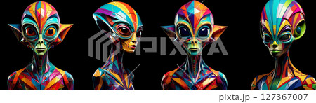 Multicolored Alien with Geometric Shapes Isolated on Black Background - Generative Ai Multicolored Alien with Geometric Shapes Isolated on Black Background - Generative Ai 127367007