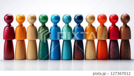 Multicolored Wooden People Figures Isolated on White Background - Generative Ai 127367012