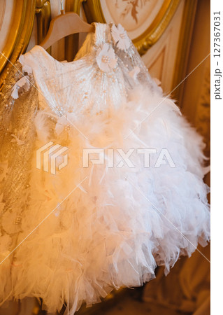 Cute dressy fluffy white dress for a girl. Cute dressy fluffy white dress for a girl. 127367031